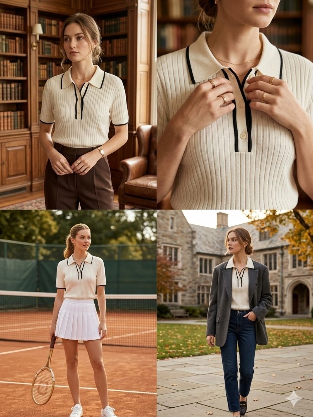Cream Ribbed Knit Polo Contrast Trim Top Preppy Old Money Light Academia XL